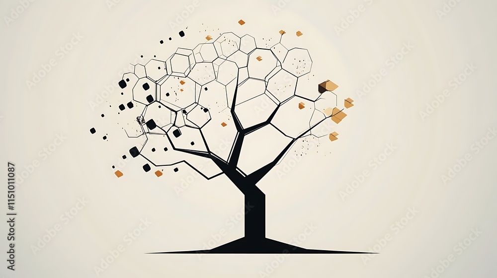 Poster Abstract geometric tree with hexagonal shapes and particles.