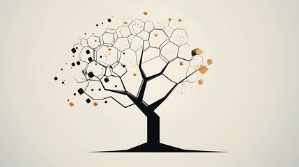 Abstract geometric tree with hexagonal shapes and particles.