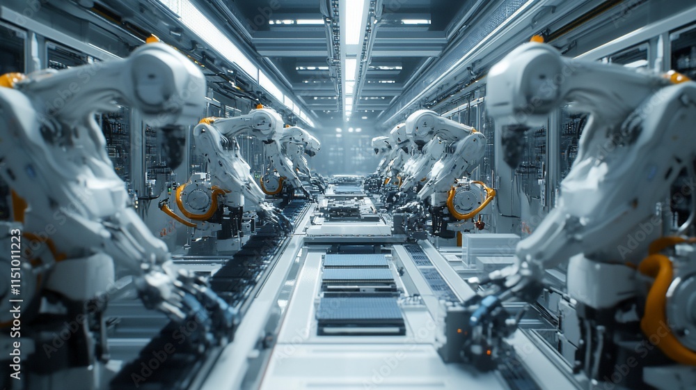 Poster a futuristic factory scene with robotic arms assembling products on a conveyor.