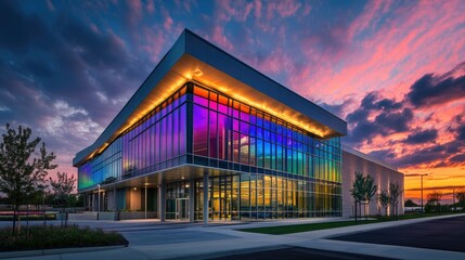 Obraz premium Modern architectural design of a contemporary building showcasing vibrant stained glass windows reflecting colorful sunset skies in a picturesque urban environment