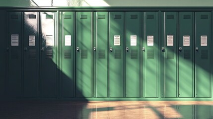 A Row of Green School Lockers in a Bright Hallway with Sunlight Casting Shadows, Evoking a Sense of Nostalgia and Learning Environment