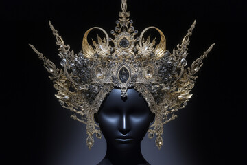 Intricate carnival headdress design showcased on a mannequin against dark background