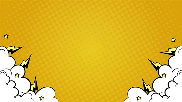 yellow comic panel style layout with lightning bolt and clouds graphics seamless 4k video background motion pop art design