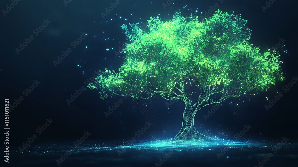 Poster glowing green tree with sparkling particles.