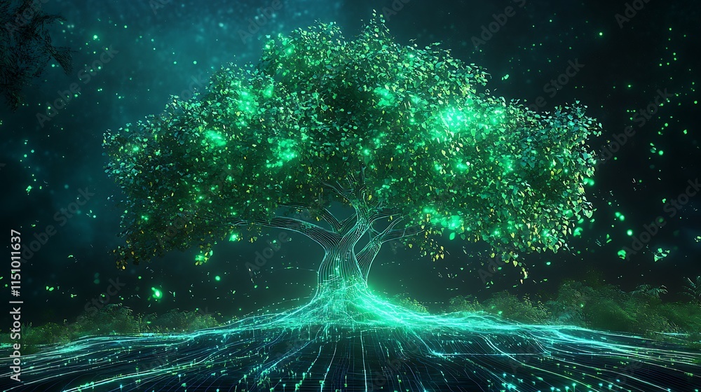 Poster glowing tree with vibrant roots and particles.