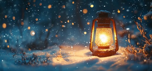 A glowing lantern in a snowy landscape, creating a warm atmosphere amidst falling snow.