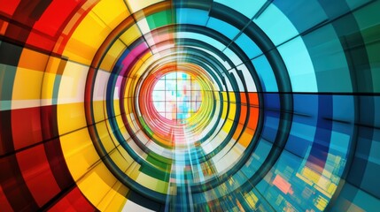Obraz premium Abstract colorful geometric tunnel with vibrant overlapping shapes and glowing light at the center, symbolizing creativity, energy, and modern design.