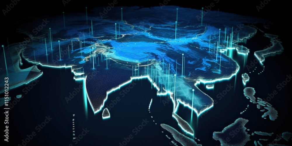 Poster futuristic abstract geometric representation of asia with illuminated data points and a digital land