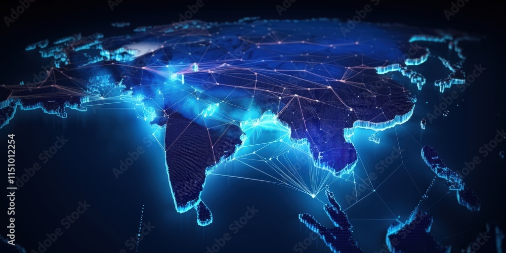 Poster futuristic abstract geometric visualization of asia with network connections and digital elements on