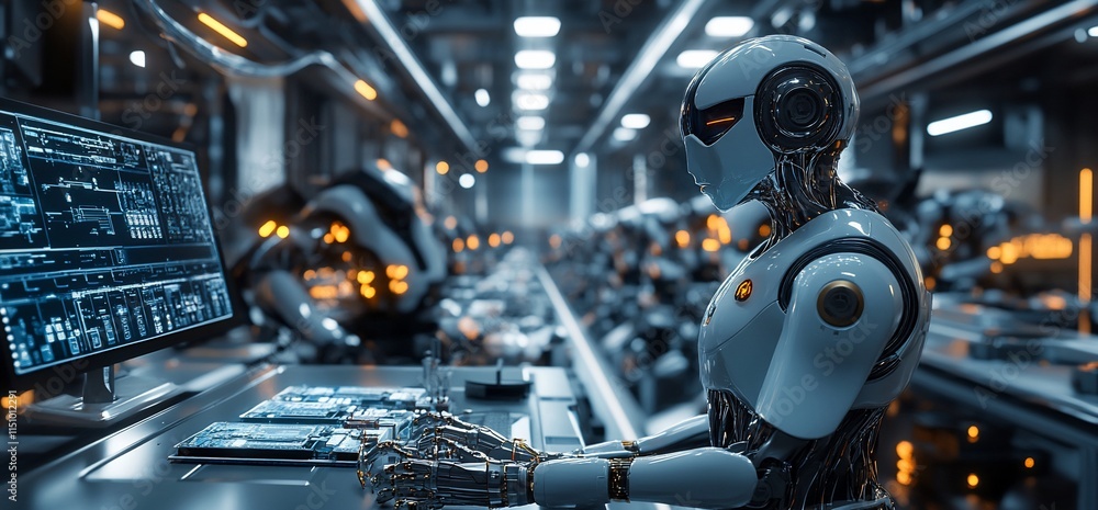 Poster a futuristic robot assembling technology in a high-tech industrial setting.