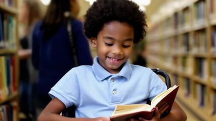 Front view of young afro american student in wheelchair reading a book in the library - Powered by Adobe