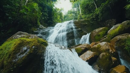 Fototapeta premium Serene Waterfall Cascading Through Lush Green Tropical Rainforest