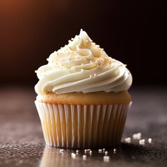 Delightful Vanilla Cupcake Topped with Creamy Frosting and Sprinkles on a Dark Background for Dessert Lovers and Baking Enthusiasts