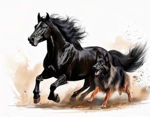 Obraz premium Black Stallion and Shepherd Dog Running Together - Dynamic Animal Illustration