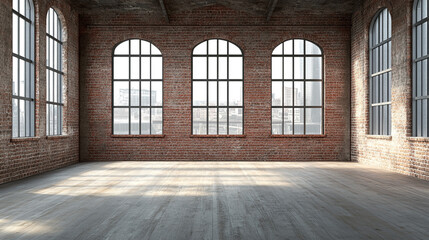 Spacious Industrial Loft with Large Windows. This image features a bright, open industrial loft with large windows and exposed brick walls.
