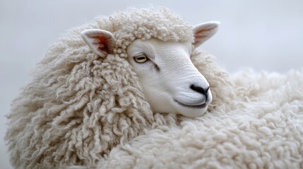 Close-up of a fluffy white sheep's face and fleece.