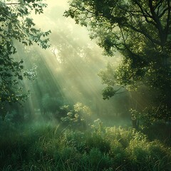 Solo Climber in Vibrant Forest with Sunlight Rays, Serene Forest Pathway at Dawn, Forest with Lush Green Undergrowth - Peaceful Woodland Landscape.