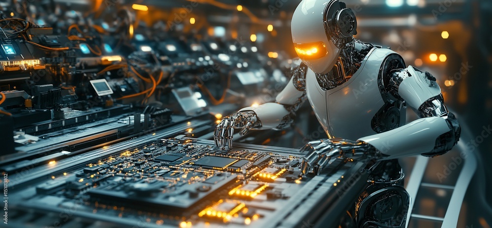 Poster a humanoid robot working on a circuit board in a high-tech environment.