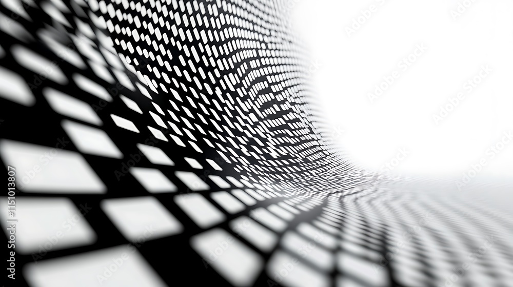 Poster abstract black and white grid pattern forming a curved tunnel.