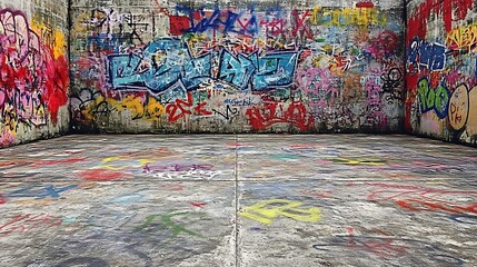 Naklejka premium Graffiti-covered room, urban decay, grunge textures, walls, floor.