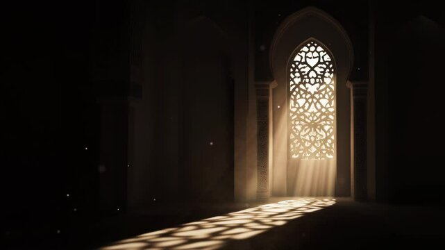 Islamic Ramadan background, radiant light emanating from an Islamic arch illuminating the dark mosque