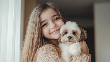 A charming portrait of a cute young girl with medium-long hair, a high nose bridge, and big, expressive eyes, smiling while casually dressed. She is holding a small Yorkshire Terrier with a blue head 