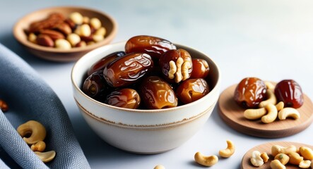 dried fruits, dates, nuts, ceramic bowl, blue background, healthy snacks, natural lighting, food photography, rustic setting, brown tones, close-up, textured surface, organic, nutritious, gourmet ingr