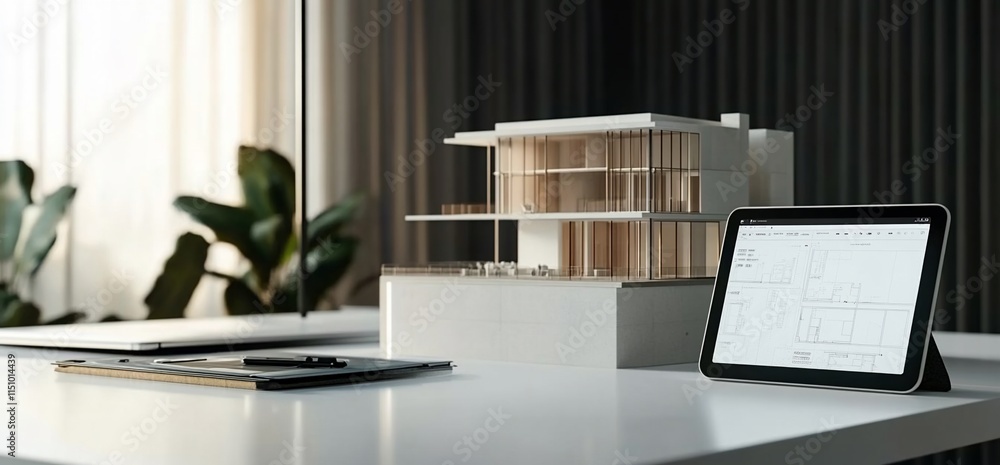 Poster a modern architectural model displayed on a workspace with design tools.