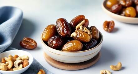 Fototapeta premium dried fruits, dates, nuts, ceramic bowl, blue background, healthy snacks, natural lighting, food photography, rustic setting, brown tones, close-up, textured surface, organic, nutritious, gourmet ingr