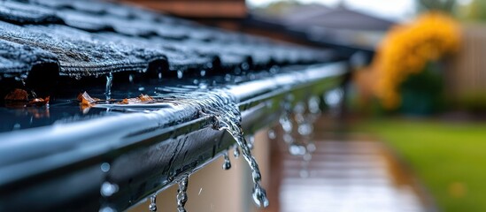 Autumn Rain: Water cascading from a house roof gutter, showcasing the beauty of nature's elements during a rainy autumn day.