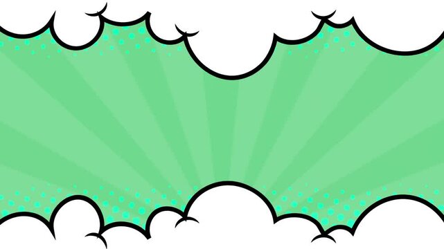 comic green background with bright bursts of color and clouds accents seamless 4k video background motion pop art design