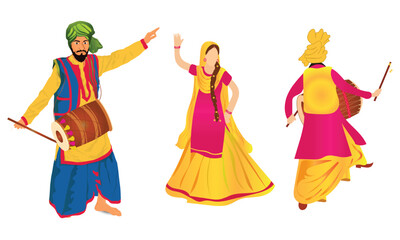 Hand drawn vector art, Vector illustration of Punjabi Dance, Punjab festival dancing couple drawing