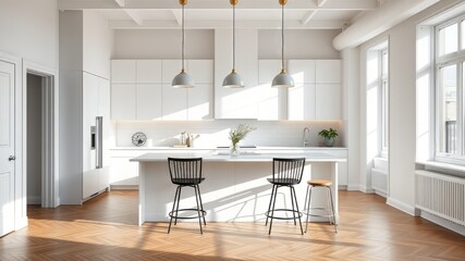 Minimalist White Kitchen, Black Stools, Hanging Lamps, NYC Apartment, Natural Light, AI Photo