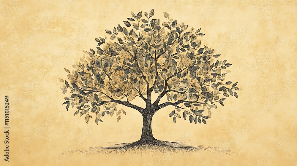 Poster sepia-toned drawing of a tree with visible roots on parchment background.