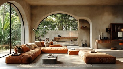Modern Minimalist Living Room with Terracotta Sofa. Concept of Relaxation, Modern Interior Design.
