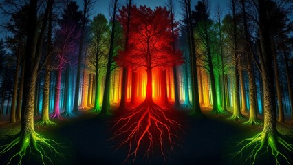 Fototapeta premium Forest of Unity with Glowing Trees and Interconnected Roots
