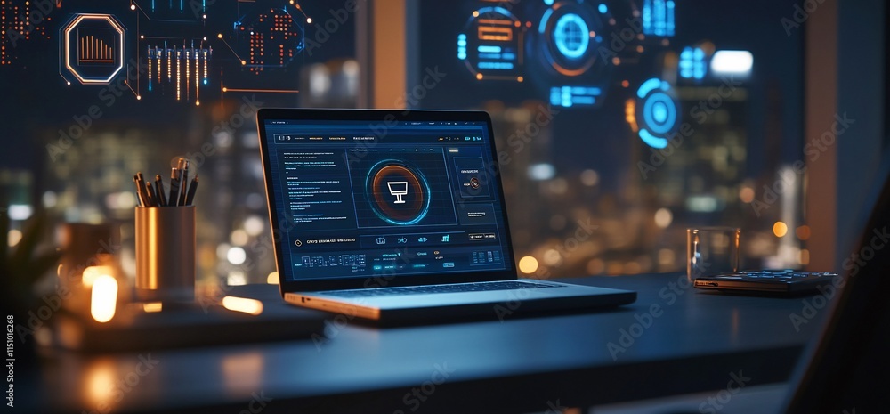 Poster a modern workspace featuring a laptop displaying data analytics at night.