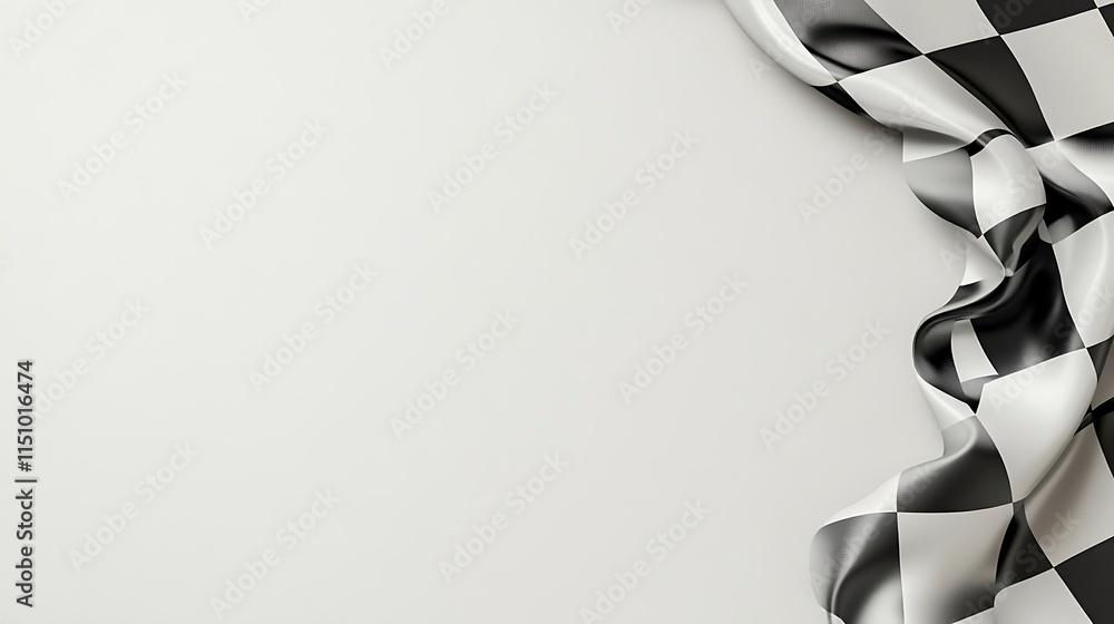 Poster Checkered flag draped on white background with copy space.