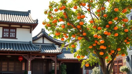 Persimmon Tree in Front of Hui Houses - Vibrant Chinese Architecture AI Photo