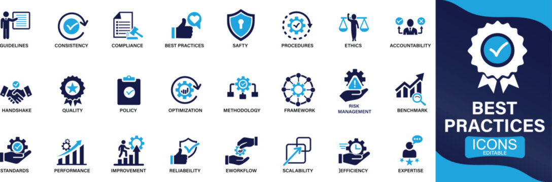 Best practices icon set. workflow, guidelines, performance, standards, improvement, protocols You can easily change the color.