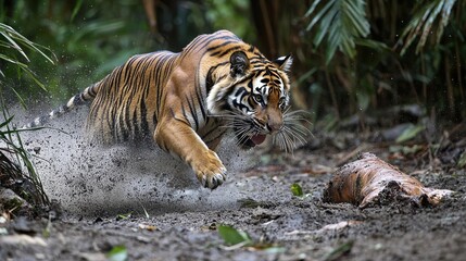 Obraz premium Tiger Pouncing on Prey in Dense Jungle