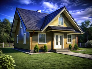 A charming white plank cottage, gray roofed, nestled on a green lawn; a 3D rendered architectural visualization.