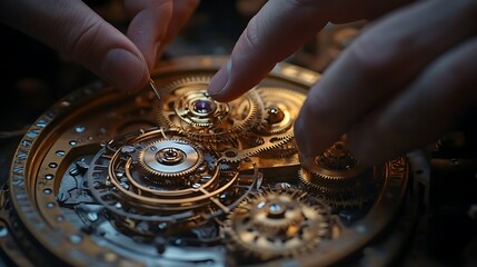 A precise close-up of a clock mechanism being assembled, fingers aligning a tiny brass cog, detailed metallic surfaces illuminated by soft light, blurred wooden workspace in the background,
