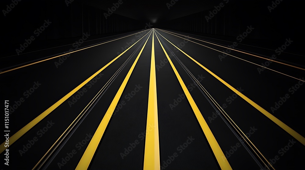 Poster Abstract dark tunnel with yellow lines converging at vanishing point.