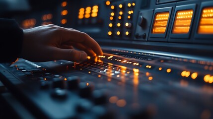 A precise macro shot of a hand operating the control panel of a CNC machine, glowing LED buttons and digital readouts casting a soft light, sleek industrial design visible in the background,