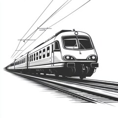 Obraz premium Monochrome train illustration, perspective view, rail tracks, and overhead wires.
