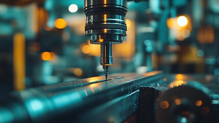 A precise shot of a micrometer measuring the edge of a cylindrical metallic component, sharp focus on the tool and measurement, glowing reflections from LED workshop lights,