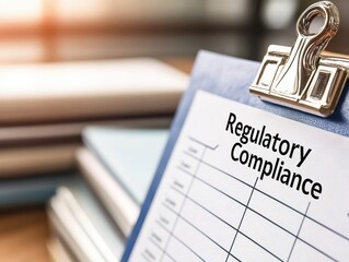 financial compliance legislation concept. Regulatory compliance checklist on a clipboard with documents in background.