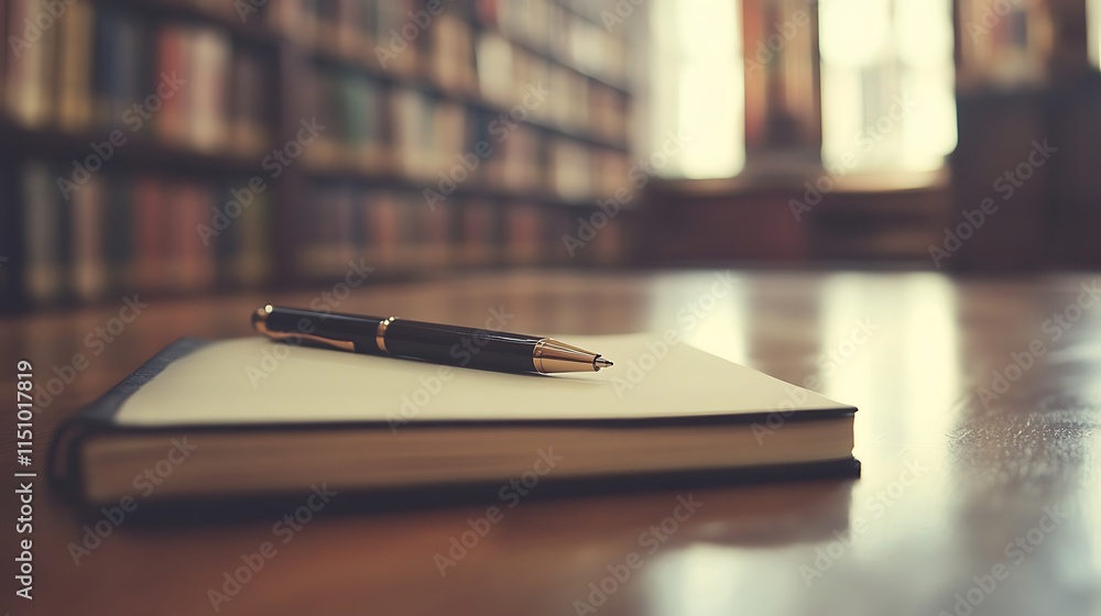 Poster pen resting on a notebook in a library.
