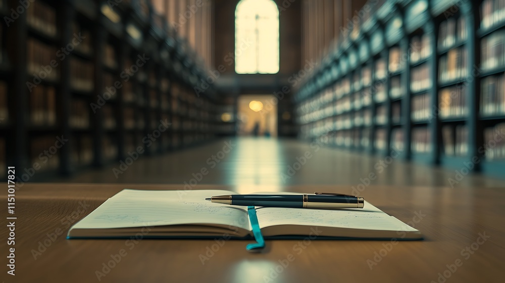 Poster open notebook with pen on wooden table in library.